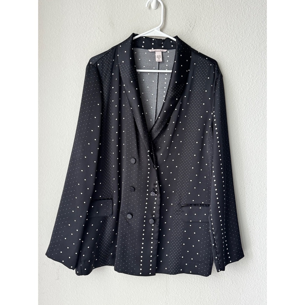 Victoria's Secret Polka Dot Pajama Blazer Black White Satin Double Breasted L